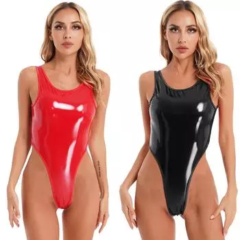 Womens Wet Look Patent Leather Catsuit High Cut Crotchless Club Dance Bodysuit Bold Outfit M
