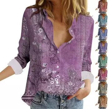 Женские рабочие блузки Повседневные блузки с V-образным вырезом Топы Рубашки с длинным рукавом на пуговицах Легкие повседневные рабочие блузки с цветочным принтом XL оранжевый