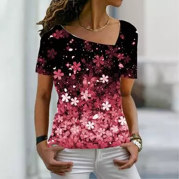 Женская мода, новая футболка с коротким рукавом и цветочным принтом, базовый топ с V-образным вырезом, лето XS-8XL/3D-печать S