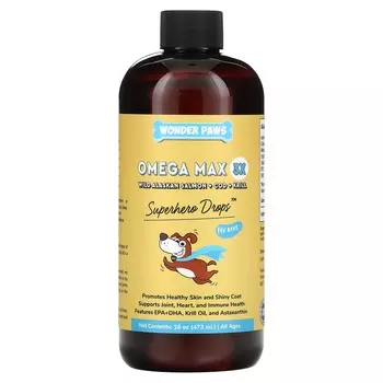 Wonder Paws, Капли Superhero для собак, Omega Max 3X, Дикий аляскинский лосось + треска + криль, для всех возрастов, 16 унций (473 мл)