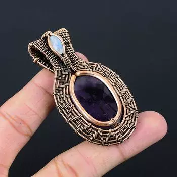 Чудесный аметист и лунный камень, драгоценный камень, ручная работа, чистая медная проволока, ювелирное украшение, кулон 2.56 Inches фиолетовый