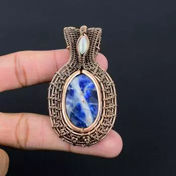 Чудесный содалит и лунный камень, драгоценный камень, ручная работа, чистая медная проволока, ювелирное украшение, кулон 2.56 Inches синий