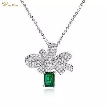 Wong Rain, 100% серебро 925 пробы, изумрудная огранка, 5*7 мм, изумрудный циркон, драгоценный камень, подвеска с бантом, ожерелье для женщин, ювелирные изделия