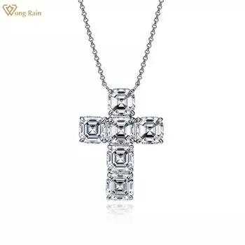 Wong Rain, 100% стерлинговое серебро 925 пробы, огранка Asscher, 7*7 мм, AAAAA, цирконы, драгоценный камень, модное ожерелье с подвеской в виде креста, ювелирные изделия