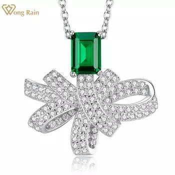 Wong Rain, 100% стерлинговое серебро 925 пробы, бант, 1 карат, изумрудная огранка AAAAA, цирконы, кулон с драгоценными камнями, ожерелье, ювелирные изделия