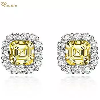 Wong Rain, 100% стерлинговое серебро 925 пробы, огранка Asscher, 7*7 мм, AAAAA, цирконы, драгоценный камень, серьги-гвоздики для свадьбы, помолвки, ювелирные украшения