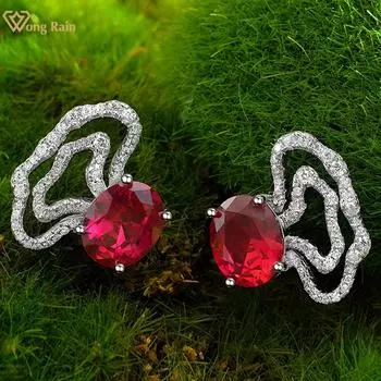 Wong Rain, 100% стерлинговое серебро 925 пробы, овальная огранка AAAAA, цирконы, драгоценный камень, винтажные красные серьги-гвоздики для женщин, вечерние ювелирные изделия