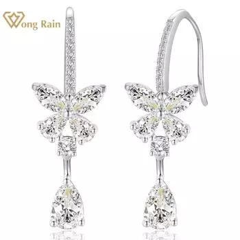 Wong Rain, 100% стерлинговое серебро 925 пробы, грушевидная огранка, 9*6 мм, цирконы AAAAA, драгоценный камень, сверкающие серьги-капли в форме бабочки, висячие серьги, свадебные подарки, ювелирные изделия