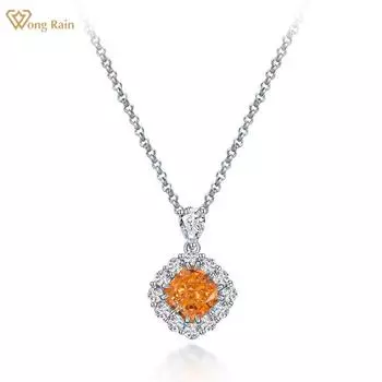 Wong Rain, 100% стерлинговое серебро 925 пробы, ледяная дробленая огранка, 7*7 мм, AAAAA, цирконы, драгоценный камень, оранжевый кулон, ожерелье для женщин, ювелирные изделия