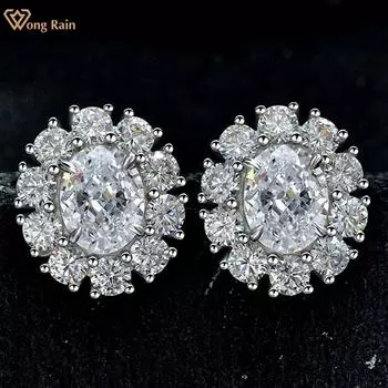 Wong Rain из стерлингового серебра 925 пробы овальной огранки AAAAA с цирконами, драгоценный камень, серьги-гвоздики для свадьбы и помолвки для женщин, изящные ювелирные изделия