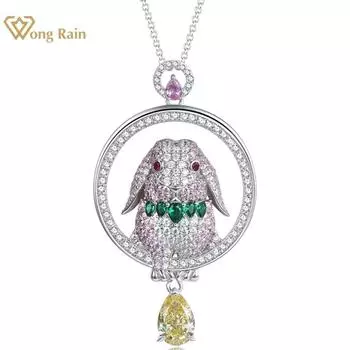 Wong Rain Роскошное твердое серебро 925 пробы груша 7*10 мм AAAAA цирконы драгоценный камень подвеска в виде кролика женское ожерелье изящные ювелирные изделия подарок