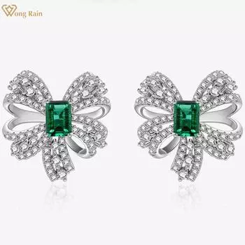 Wong Rain Роскошные серьги-гвоздики из 100% стерлингового серебра 925 пробы с изумрудными цирконами и драгоценными камнями с бантом для женщин, вечерние ювелирные изделия