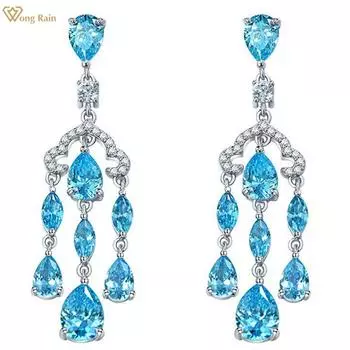 Wong Rain Роскошные серьги-подвески из стерлингового серебра 925 пробы с грушевидной огранкой AAAAA, цирконы, драгоценный камень, аквамарин, свадебная вечеринка, висячие серьги, ювелирные изделия