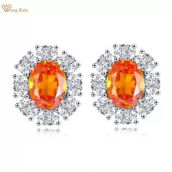 Wong Rain Роскошные твердые серьги-гвоздики из стерлингового серебра 925 пробы овальной огранки 3 карата оранжевого цвета AAAAA с цирконами, драгоценные камни, серьги-гвоздики, ювелирные изделия, подарки