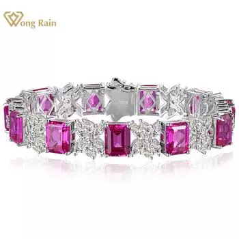 Wong Rain Роскошный браслет из 100% стерлингового серебра 925 пробы изумрудной огранки 7*9 мм AAAAA с цирконами и драгоценными камнями для женщин, ювелирные изделия, браслет