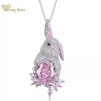 Wong Rain Solid из стерлингового серебра 925 пробы овальной формы 12*16 мм AAAAA цирконы драгоценный камень милый кролик кулон ожерелье ювелирные изделия подарок на день рождения