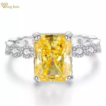 Wong Rain Solid Стерлинговое серебро 925 пробы сияющей огранки 4 CT Желтый AAAAA Циркон Драгоценный камень Свадебное обручальное ювелирное украшение Коктейльное кольцо Подарки