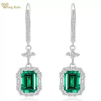 Wong Rain Винтаж, 100% стерлинговое серебро 925 пробы, 6*8 мм, 2 карата изумрудной огранки AAAAA, цирконы, драгоценные камни, висячие серьги для женщин, ювелирные изделия, свадебные подарки