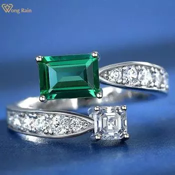 Wong Rain Винтажное 100% стерлинговое серебро 925 пробы изумрудной огранки с цирконами и драгоценными камнями, открытое регулируемое кольцо для женщин, ювелирные изделия
