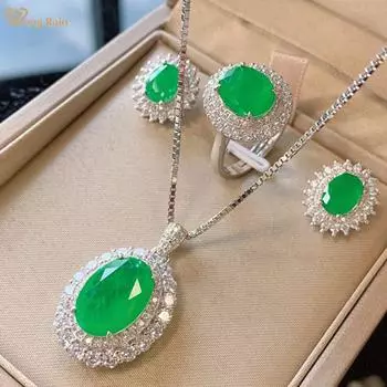 Wong Rain Винтажное серебро 925 пробы овальной огранки с цирконами, кулон с драгоценными камнями/ожерелье/серьги/кольца, комплект ювелирных изделий