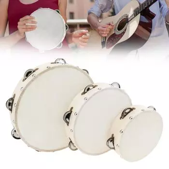 Wood 6 8 10 Inch Hand Held Tambourine Sheepskin Head Single Row Jingles Church Party KTV Musical Educational Rhythm Percussion Instrument Gifts 6 inch