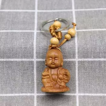 Wood Carving Craft Buddhism Bag Pendant Guanyin Engraving Car Accessories Keychain Key Ring Keyfob E