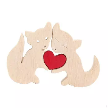 Wood Fox Ornament Wooden Figurine Little Embracing Heart Statue Decor,Tabletop