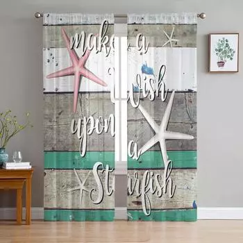 Wood Grain Retro Starfish Curtain For Living Room Transparent Tulle Curtains Window Sheer For The Bedroom Accessories Decor W135 x H114cm