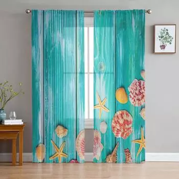 Шторы из марли с рисунком морской звезды и древесным зерном для детской спальни, кухонный экран для гостиной, праздничный декор, занавеска из вуали 135W x 114H(cm)