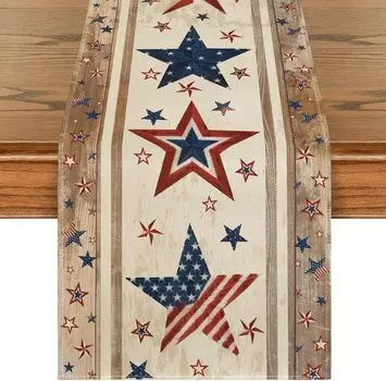 Wood Grain Stars Strip-Shaped Patriotic Linen Table Runners 4th of July Independence Day Party Decor Kitchen Dining Table Decor 150x33cm 59x13inch