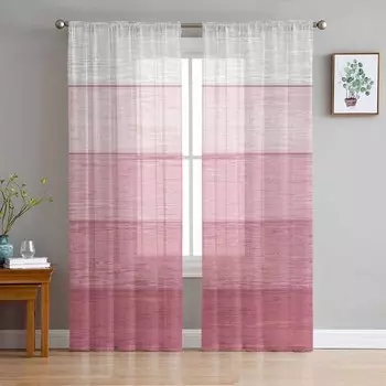 Wood Grain Striped Rural Style Pink Gradient Sheer Curtains for Living Room Decor Window Curtains Kitchen Tulle Voile Curtains W135 x H115cm x1