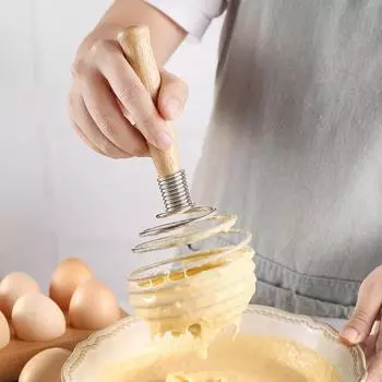 Wood Handle Spring Egg Whisk Hand-held Egg Mixer Cream Mixer Spiral Egg Beater Flour egg beater