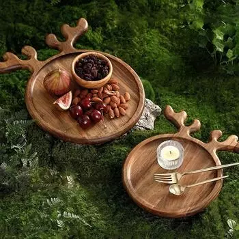 Деревянная сервировочная тарелка с оленьими рогами, круглая деревянная рождественская тарелка для фруктов, сыра, хлеба, закусок и десерта