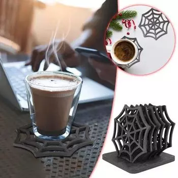 Wood Spider Web Coasters Hollow Out Halloween Drink Coasters Table Cup Mats Kitchen Accessories чёрный