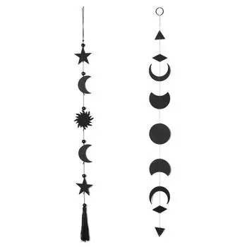 Wood Star Moon Phase Wall Hanging Boho Tassel Celestial Ornament Ramadan Decoration Moon Garland Wall Decor Home Decoration
