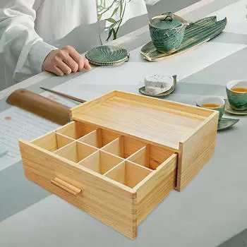 Wood Tea Bag Organizer Station Chest Rustic Space Saving Teabag Holder Storage Box with Drawer