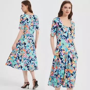 Wood Tencel Half Sleeve Chubby Girl Pocket European and American Style Dress Tropical colorful Print S