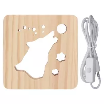Wooden 3D LED Light Hollow Wolf Shaped Pattern Warm White Pine Wood USB Power Supply Decorative