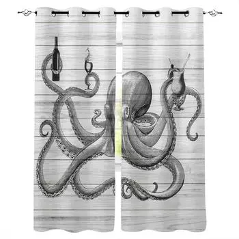 Wooden Board Octopus Champagne Drink Blackout Curtains For Living Room Bedroom Window Treatment Blinds Drapes Kitchen Curtains W135 x H60cm