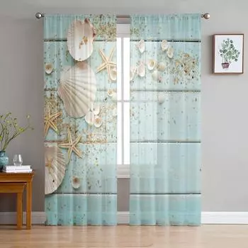 Wooden Board Shells Starfish Curtain Window Tulle For Living Room Bedroom The Kitchen Window Treatment Decorations Curtains W135 x H114cm