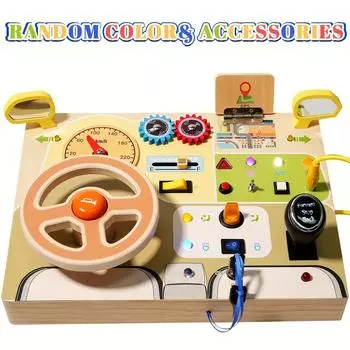 Wooden Busy Board with Simulated Steering Wheel,Sensory Toy for Youngsters with LED Light Switches, Music, Educational Travel Toy,Random Color Steering Wheels