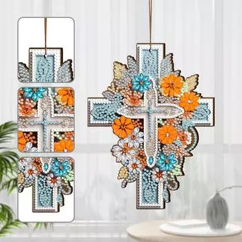 Wooden Diamond Art Hanging Pendant Cross Diamond Painting Home Decor Crystal Hanging Home Wall Decor for Wall Decor