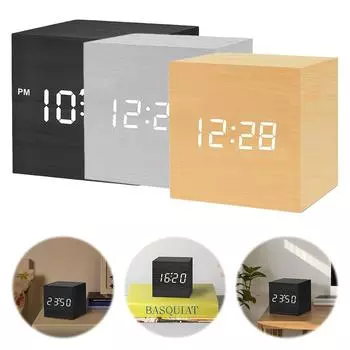 Деревянный цифровой будильник с температурой, электронные настольные часы, работающие от USB/батареи, светодиодные прикроватные часы для украшения дома чёрный