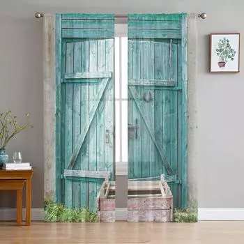 Wooden Door Plank Brick Door Chiffon Sheer Curtains for Living Room Bedroom Home Decoration Window Voile Tulle Curtain Drapes W135 x H114cm