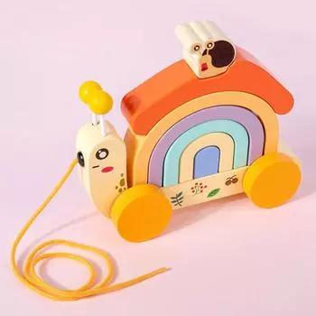 Wooden Drag Snail Rainbow Building Block Car Baby Puzzle Stacking Toddler Parent-Child Interaction Early Education Toy