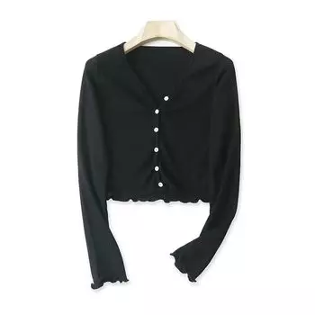 Wooden Ear Cotton V-neck Single Breasted Export Cardigan Black M