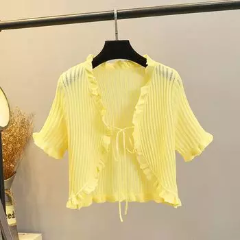 Wooden Ear Ice Silk Sun Protection Suspender Skirt Shawl Cardigan Short-sleeved yellow L
