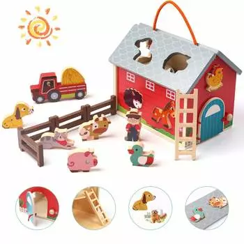 Wooden Farm Animals Barn Toy Kit, Sorting, Stacking Learning Toys For Ages 2/3/4 Toddlers, Pretend Play Set ,Comprehensive Ability