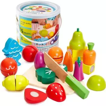 Wooden Fruit Vegetable Cutting Set with Cooking Apron Play Food Role Play Toy Kitchen Playset for Kids Children Gifts