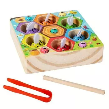 Wooden Fun Bee Pairing Game Set,6 Bees,5 Bugs,Puzzle Toys, Color Classification Educational Toys, Hand Eye Coordination, Fine Motor Skills Wooden Fun Beehive Game